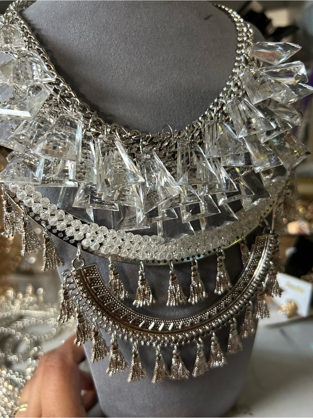 Statement Silver-Tone Layered Tassel Necklace - Clear Crystal Accents